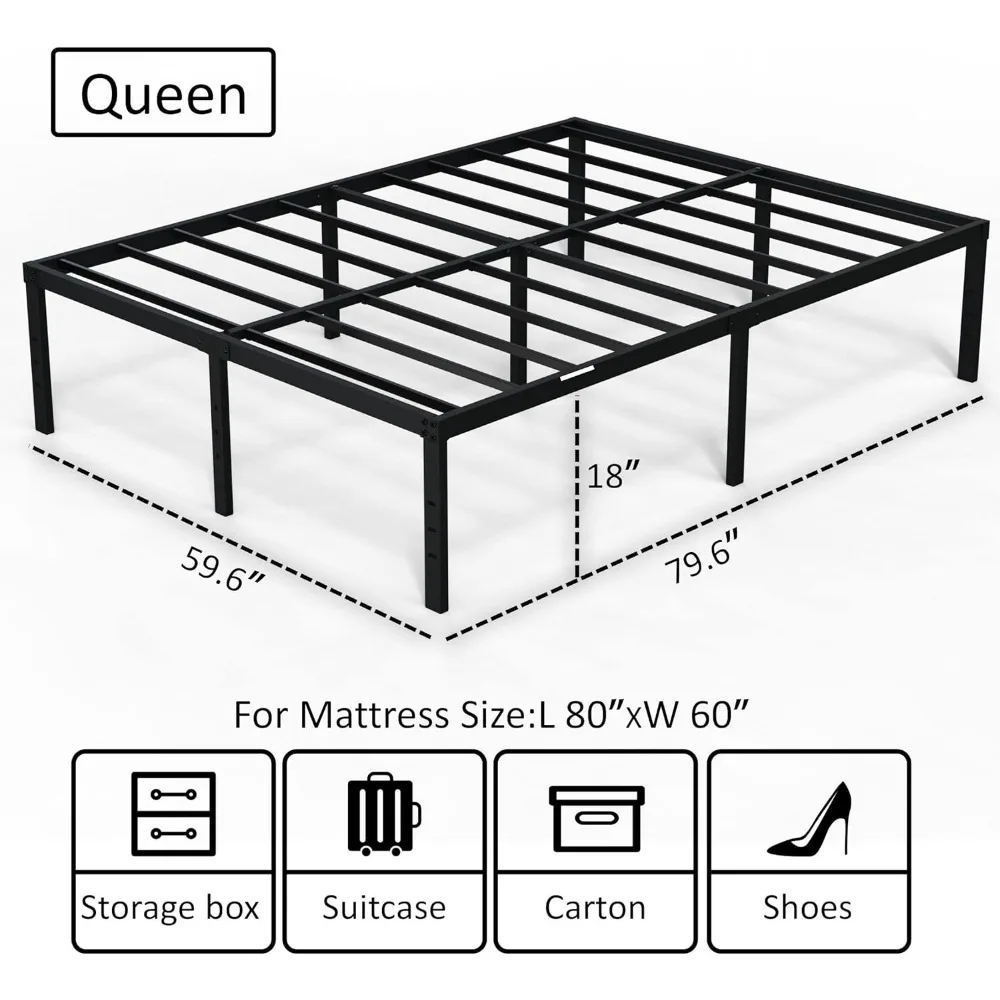 Quadro resistente da cama do metal, plataforma alta, nenhuma caixa, mola necessário, queen size, grande espaço de armazenamento, 18"