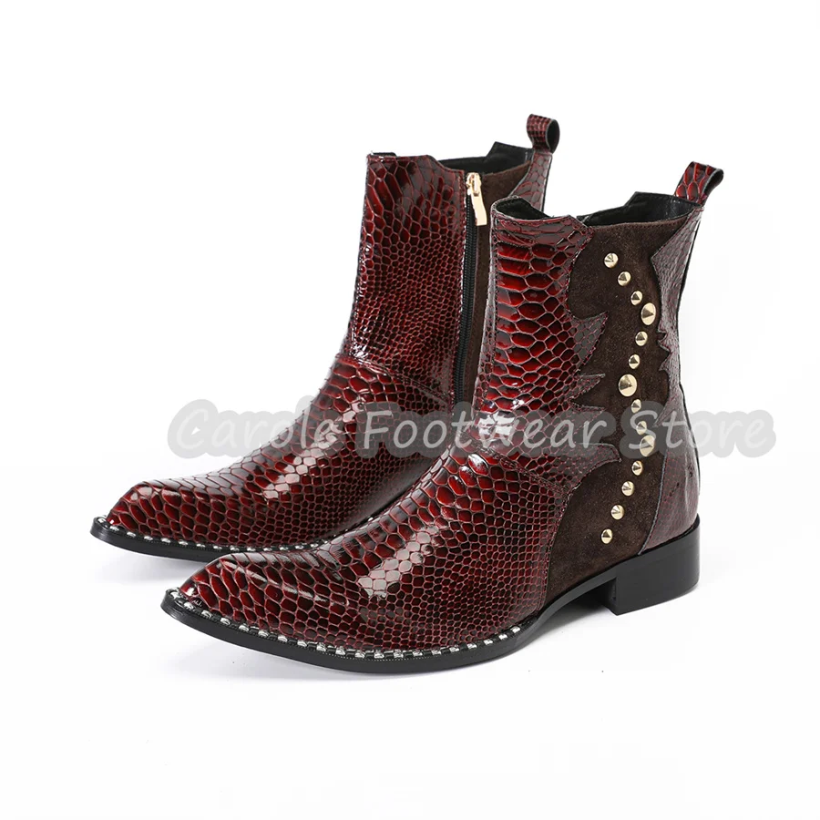 

Male Pointed Toe Chunky Heel Snakeskin Print Chelsea Boots Handmade Genuine Leather Western Cowboy Boots Side Zipper Ankle Boots