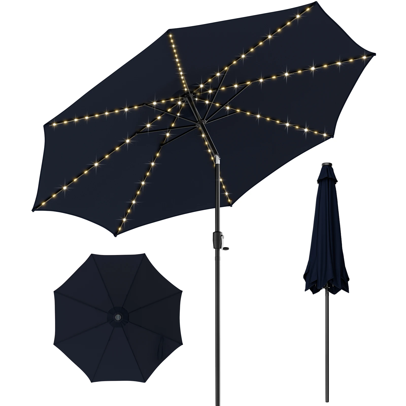 

10 FT 112 LED Solar-Lighted Patio Table Market Umbrella Crank Tilt Outdoor Navy