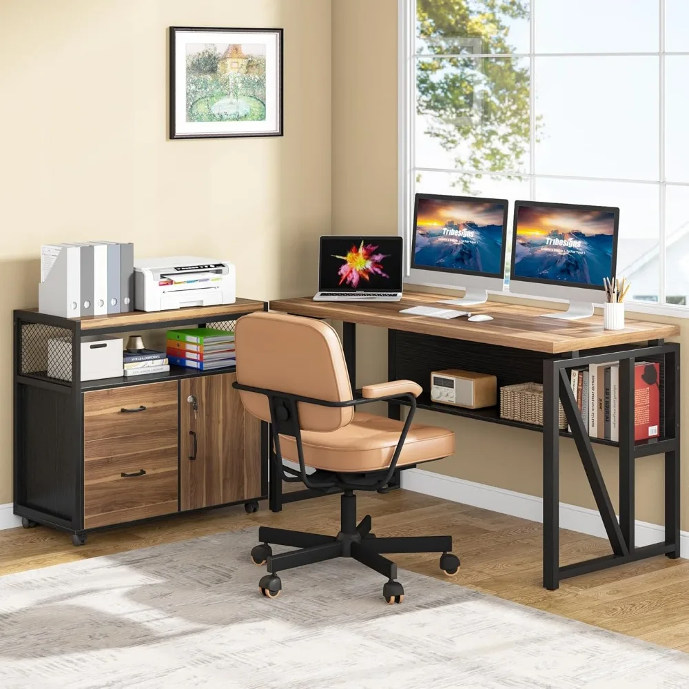 

Desk with Drawer, 55 Long Computer Desk with Storage Rack and Mobile Document Cabinet, Home Office Furniture Set Exec