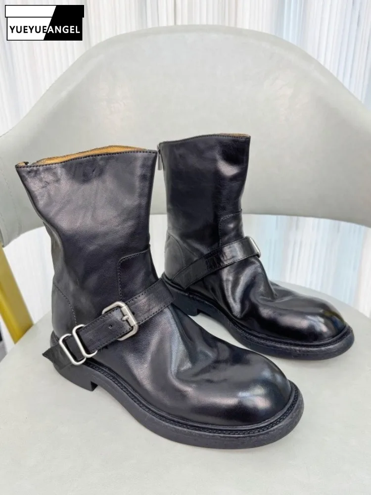 Women Genuine Cowhide Ankle Boots Block Heel Round Toe Casual Boots British Style Buckle Black Footwear Winter New Zipper Boots