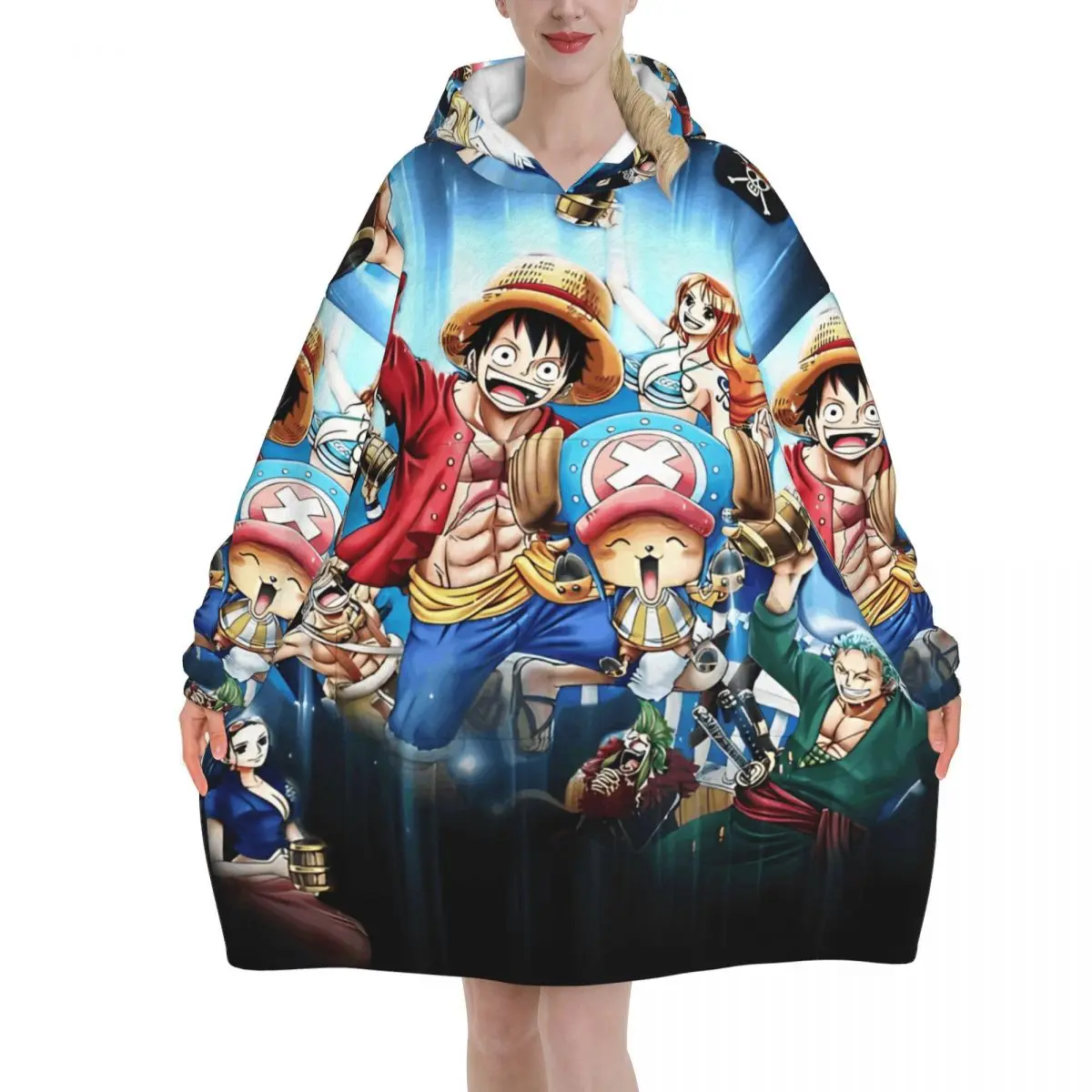 Oversized One Piece Anime Manga Luffy Wearable Deken Cadeaus voor Vrouwen Mannen Ultrasoft Pluche Warm Sweatshirt Dekens Met Zak