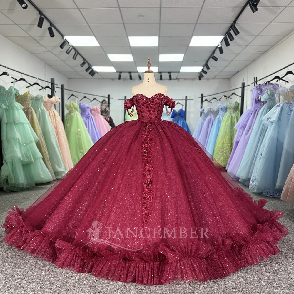 

Customized Princess 15th Girl Quinceanera Dresses Red Flower Applique Puffy Court Train Women Prom Party Occasion Wear Formal