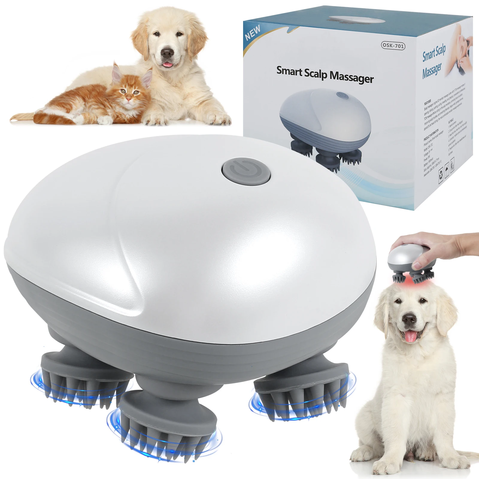 

Электрический массажер для домашних животных, портативный ручной массажер для глубокой кожи головы с 4 массажными головками, 3 режима, перезаряжаемый через USB, водонепроницаемый