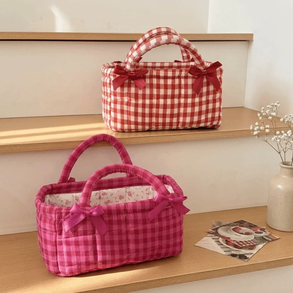 Cute Quilted Craft Lunch Bag Bow Decor Plaid Design Storage Basket Small Size Portable Handle Organizer Bag Maternity Use