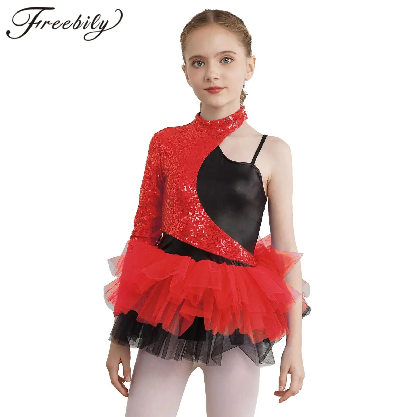 Kids Girls Shiny Sequins Jazz Dance Costumes Gymnastics Leotard Dress Cheerleading Uniform Tulle Skirt Children Stage Dancewear