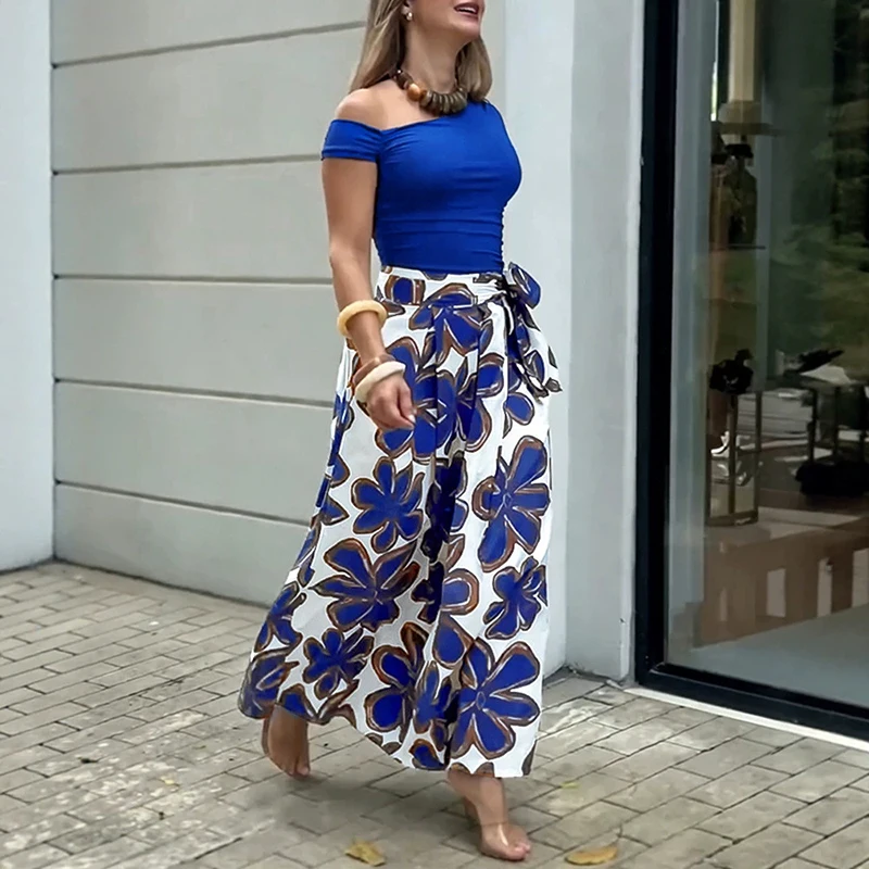 Fashion  Irregular Off Shoulder Fit Suit Retro Floral Strap High Waisted Club Party Outfit Elegant Solid Top+Print Skirt 2pc Set