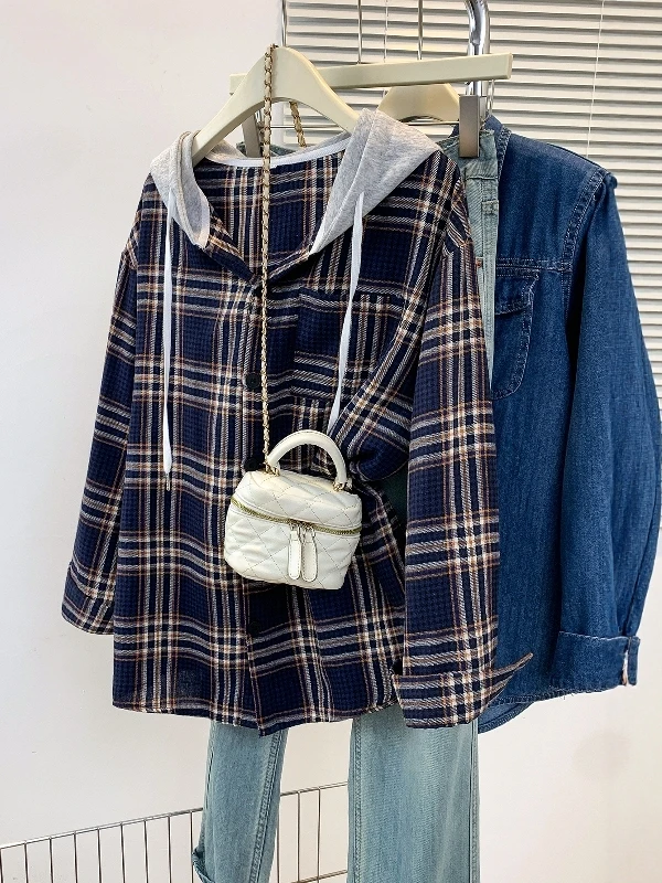 

Retro Hong Kong Style Women's plus Size Shirt Design Sense Artistic Hoodie Coat Plaid Casual Leisure Cut Label Removed
