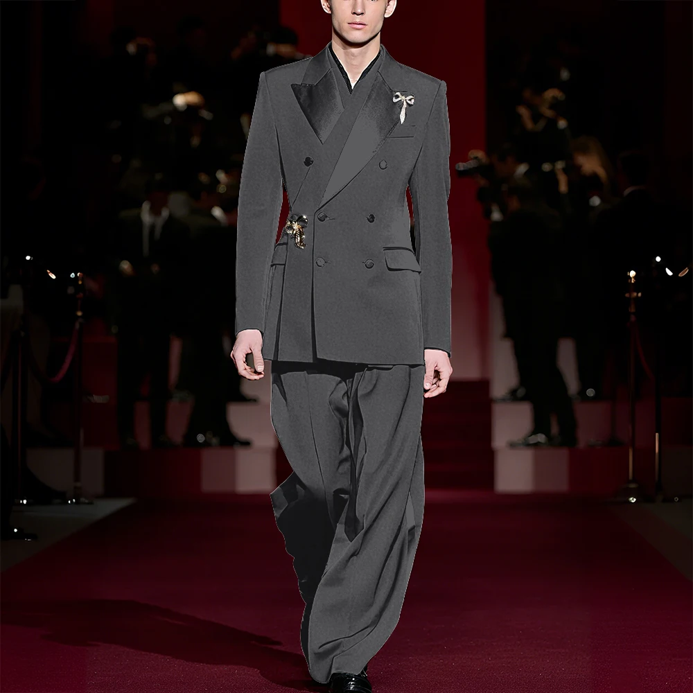 カスタムメンズスーツセット エレガントなピークドラペルブレザーパンツ ダブルブレストモデルショー カジュアルプロムパーティー 男性用スーツ ツーピース