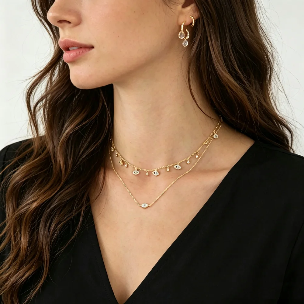 Evil Eye CZ pendant necklace with micro spread circular zircon multiple pendant necklace, fashionable women's daily wear jewelry