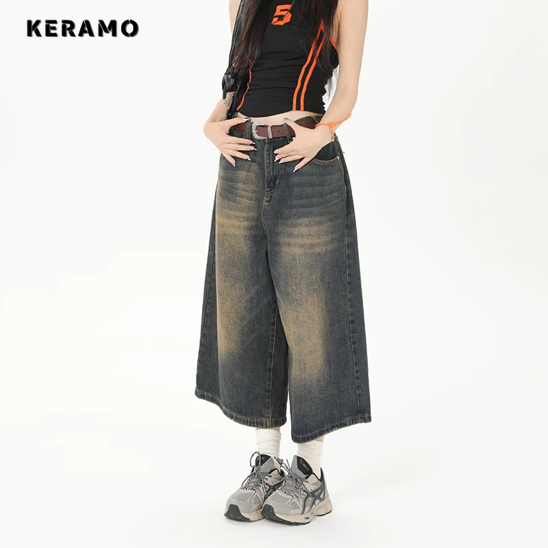 Vintage Streetwear Jeans wanita 2024 musim panas longgar pria kaki lebar celana pendek selutut pria kebesaran Fashion celana Denim Y2K