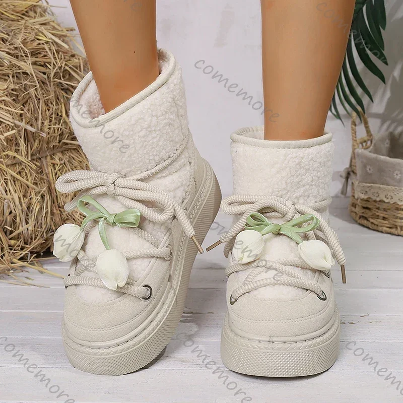 

Женские ботильоны на шнуровке с цветочным принтом и бавовняной подкладкой, утепленные плюшевые зимние ботинки, размер 36–43, хлопковые ботинки на толстой подошве на массивной платформе