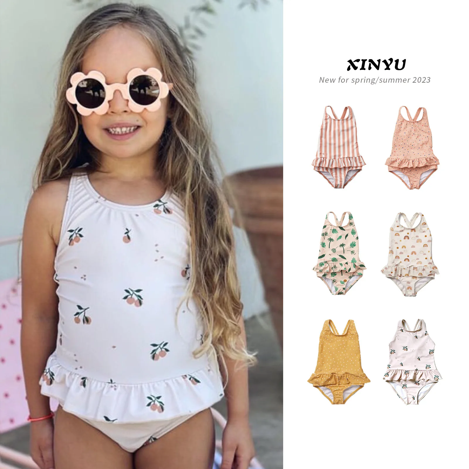 

Girls Swimsuit 24 Summer New Fashion Printing Hanging Neck One-piece Swimsuit Quick Dry Sunscreen Beachwear Children's Clothing