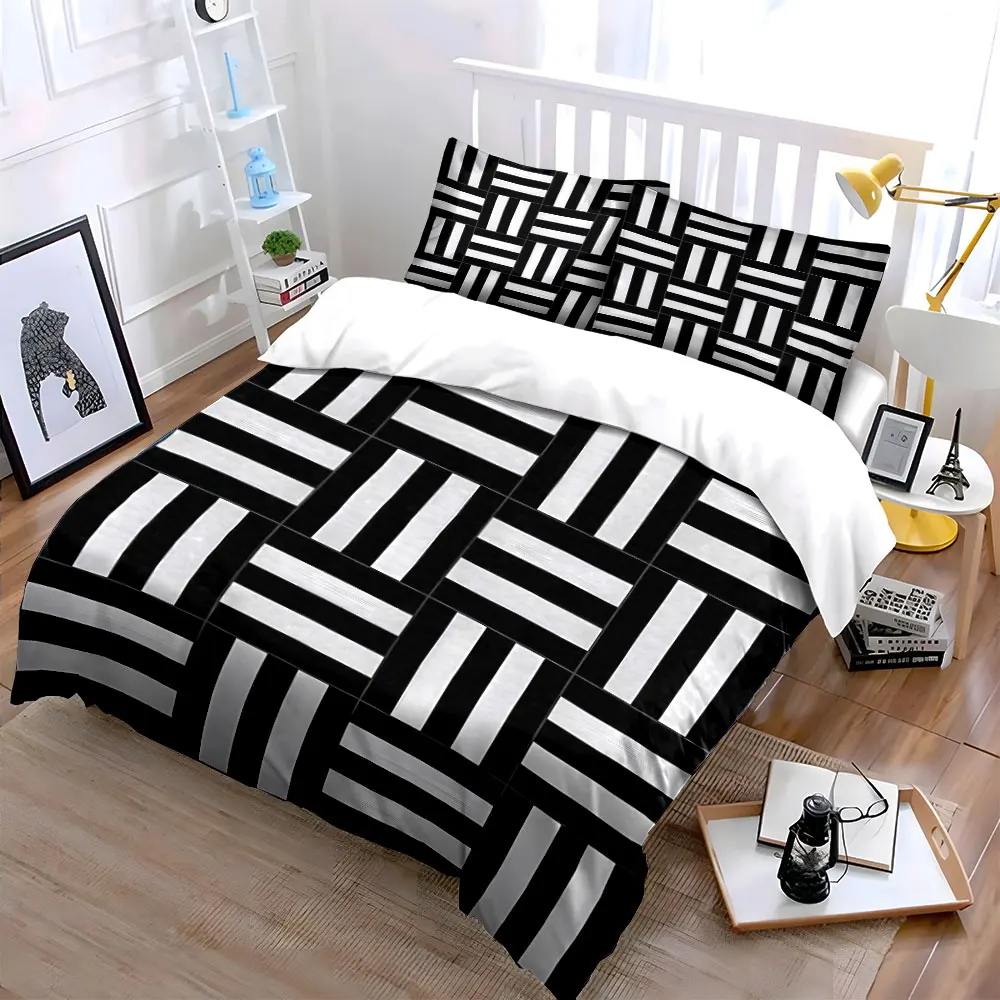 Modernes Schwarz-Weiß-Fliesen-Design, exquisites dreiteiliges Bettwäsche-Set, Geschenk für Kinder und Erwachsene