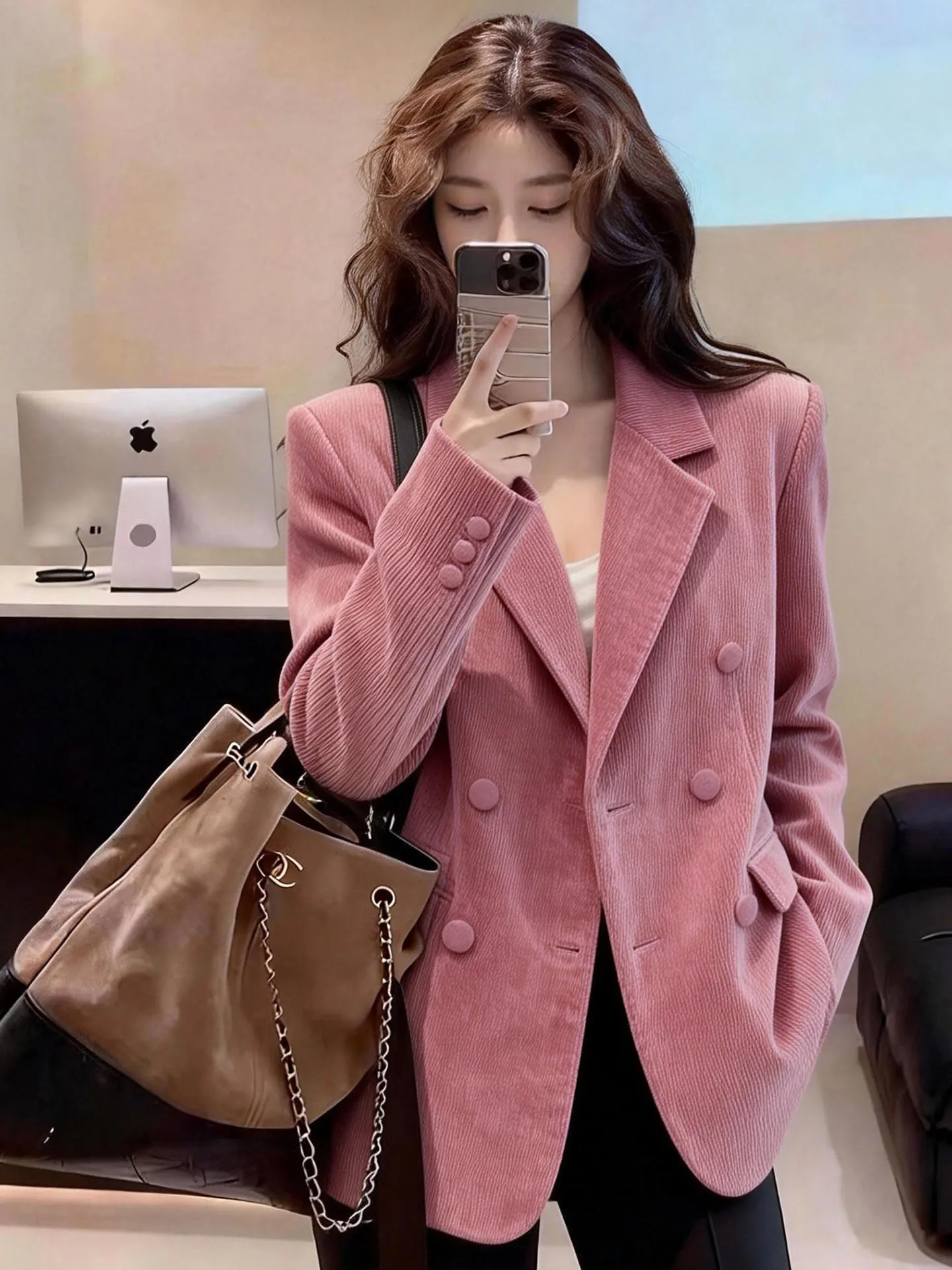 

Pink Suit Jaet for Women Double Row Buttons Faionable Versatile Mid-Length Stand Fit Ladies' Premium Spring ...