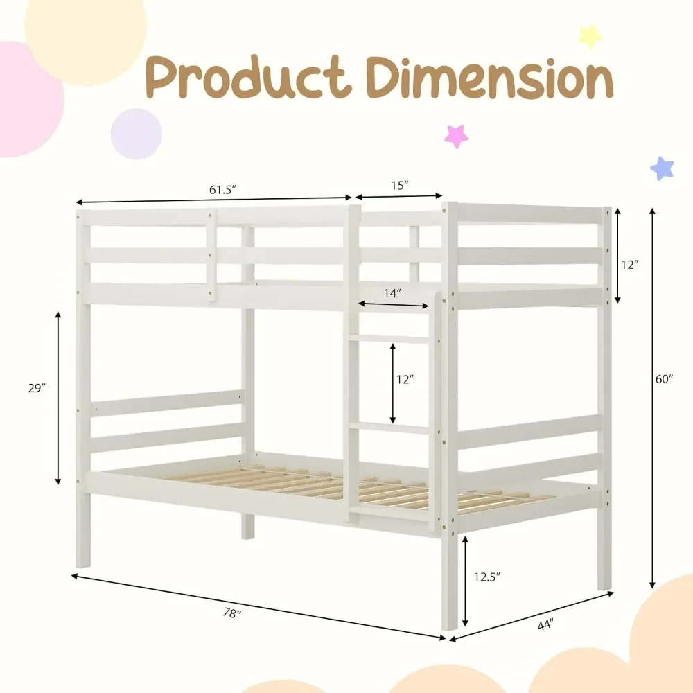 목재 벙커침대 트윈 오버 트윈, 사다리 및 안전 가드레일이 있는 벙커침대, 단단한 목재 침대 프레임, 기숙사 및 다중 아동에 적합