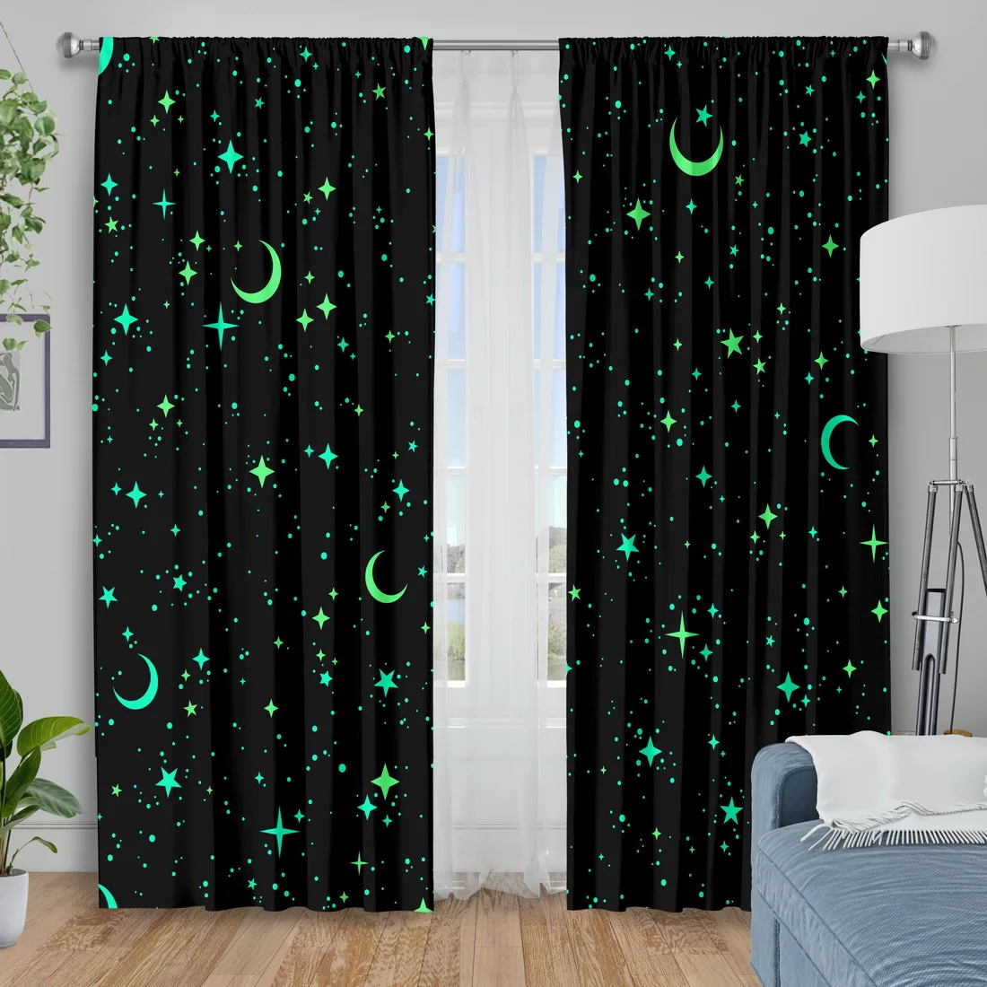 2 Panels Glow in the Dark Star Moon Curtains, Blackout Polyester Drapes for Kids Room, Luminous Night Sky Window Decor