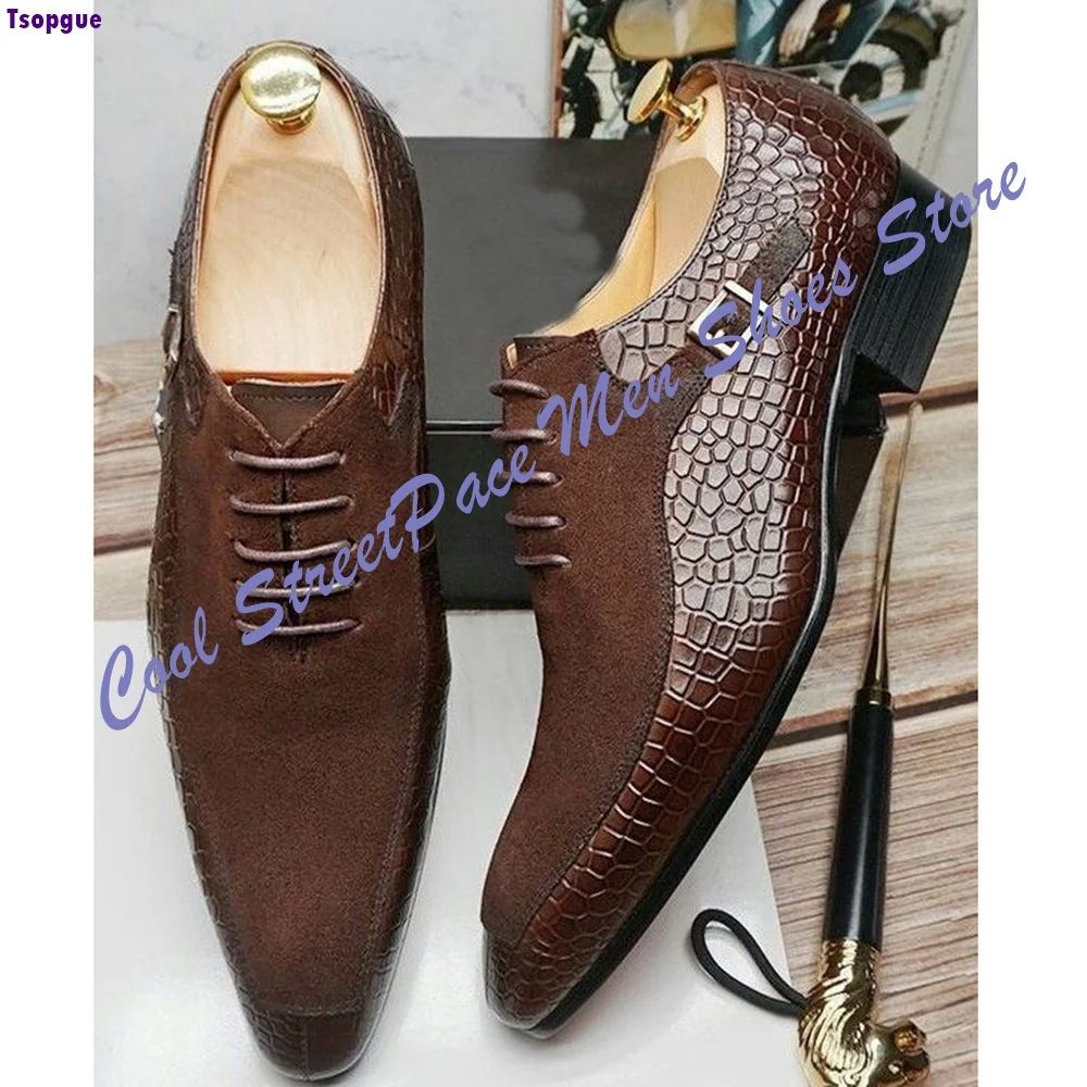 2026 New Arrival Men Luxury Brown Crocodile Pattern Suede Patchwork Oxford Shoes Handmade Lace Up Formal Business Wedding Party