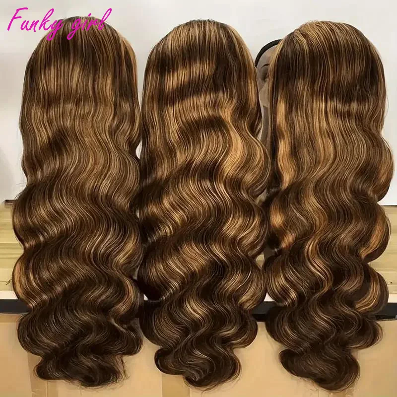 Super Sale Highlight Honey Blonde Body Wave 100% Real Human Hair Wig 4/27 Wig 4x4 Transparent Lace Closure 180 Density Wigs