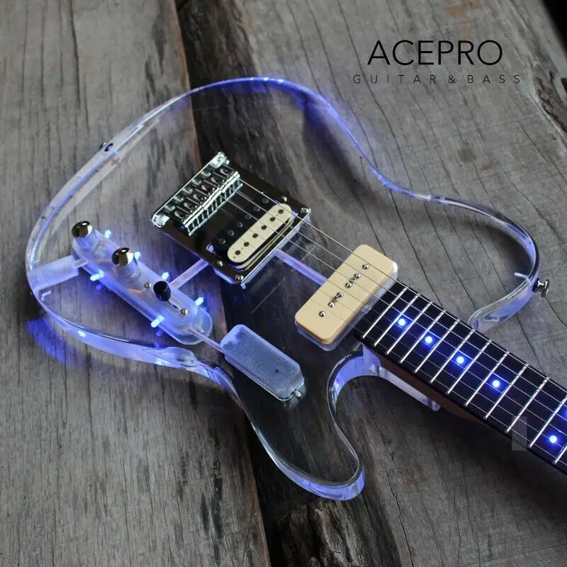 In Stock Acepro Blue LED Light Electric Guitar Acrylic Body Crystal Guitarra Rosewood Fretboard, LED Color Customizable