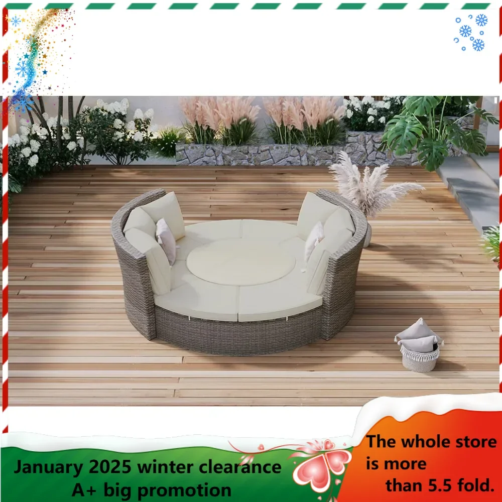 Terrace 5-piece round rattan sofa set wicker sunbed sofa bed with round lifting table and washable mat Garden Furniture Sets