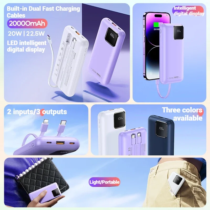 REMAX 20000mAh Power Bank แบบพกพาสําหรับ iPhone 16 15 Pro MAX Xiaomi Android Fast CHARGING PowerBank 10000mAh พร้อมสาย