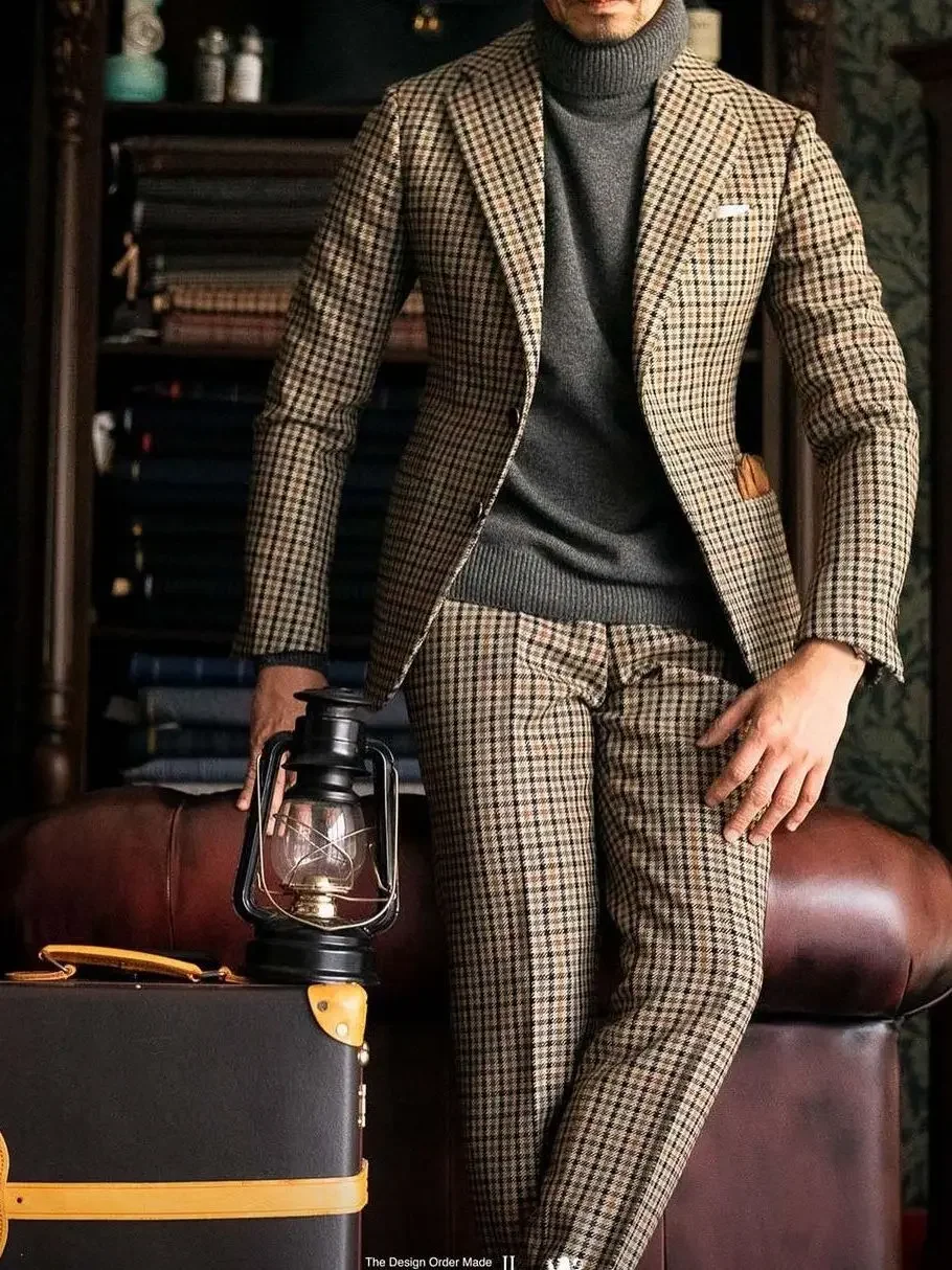

Houndstooth Men Suits Fashion Notched Lapel Single Breasted Blazer Sets 2 Piece Slim Business Casual Formal Wedding Party Suit