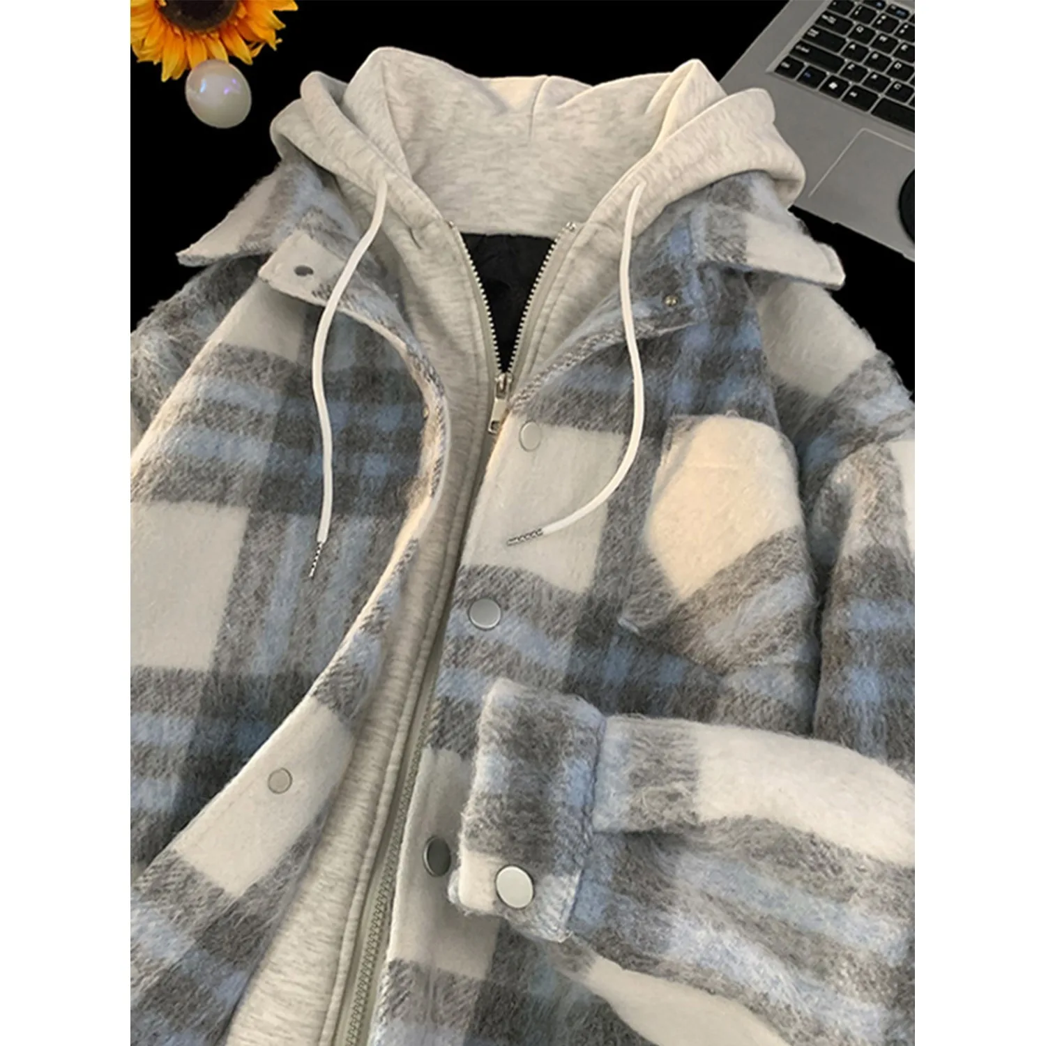 American Fake Two Piece Checker Coat Men's Autumn and Winter New China-Chic Warm Retro Woolen Hoodie