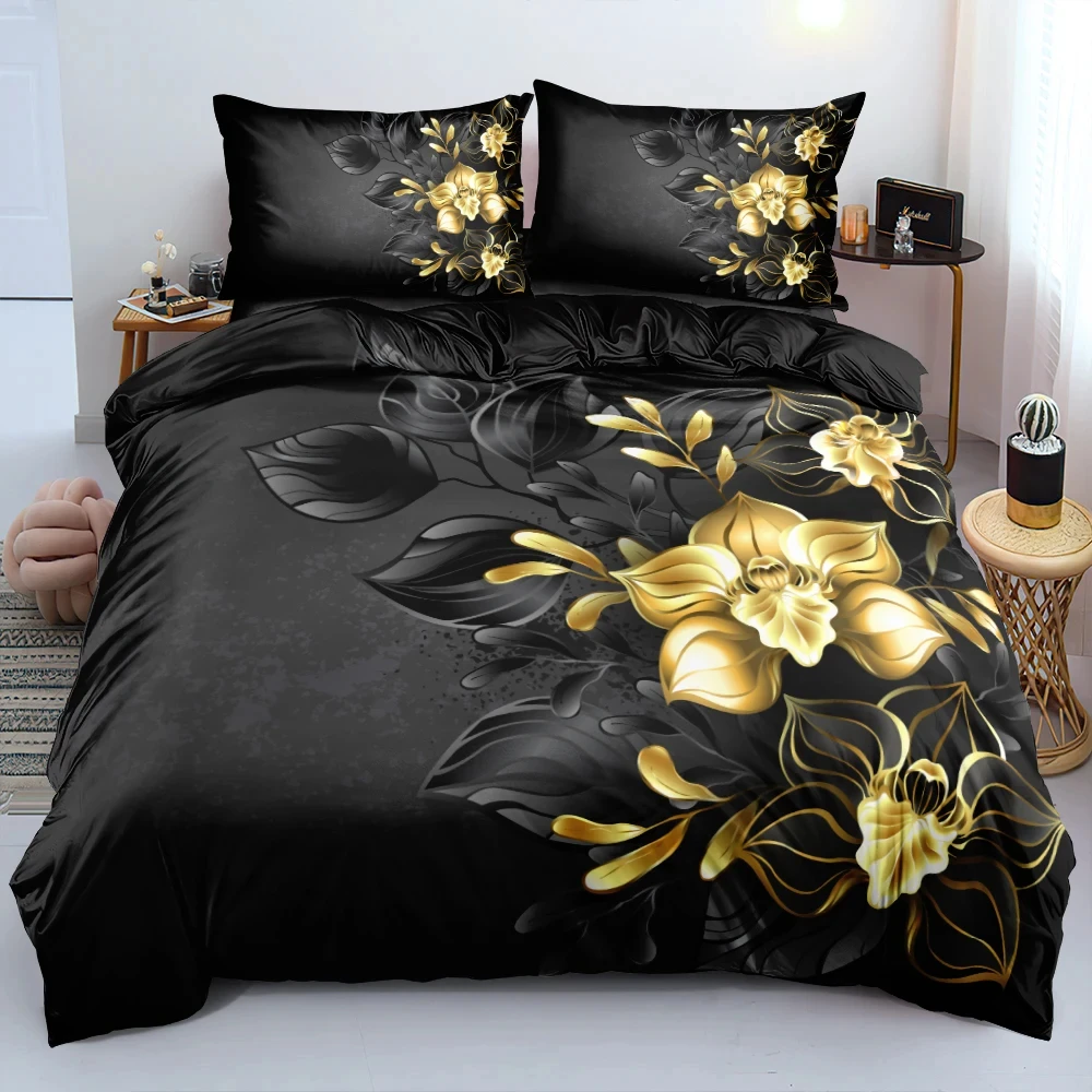 3D Print Gold Black Flowers Bedding Set Double Twin King Duvet Cover Comforter Pillowcase Boys Girls Adults Bedroom