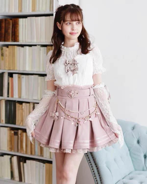 Dophee Landmine Series Bow Pearl Chain All-match High Waist Women Skirt Love Belt Cute Lace Patchwork Princess Pleated Skirts