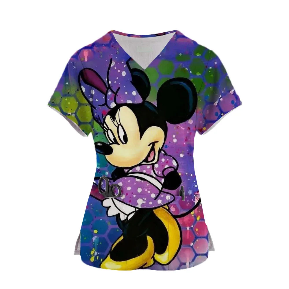 Disney-Mulheres Disney Mickey Minnie Scrub, Manga Curta, Uniforme Médico Decote V, Camiseta de Trabalho dos Desenhos Animados, Vestido de Enfermagem, Uniforme de Enfermeira