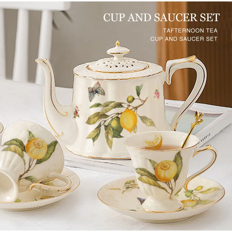 ヨーロッパクリエイティブコーヒーマグレモンパターン磁器ハンドルコーヒーカップ西洋エレガントなセラミックステーキプレート朝食用