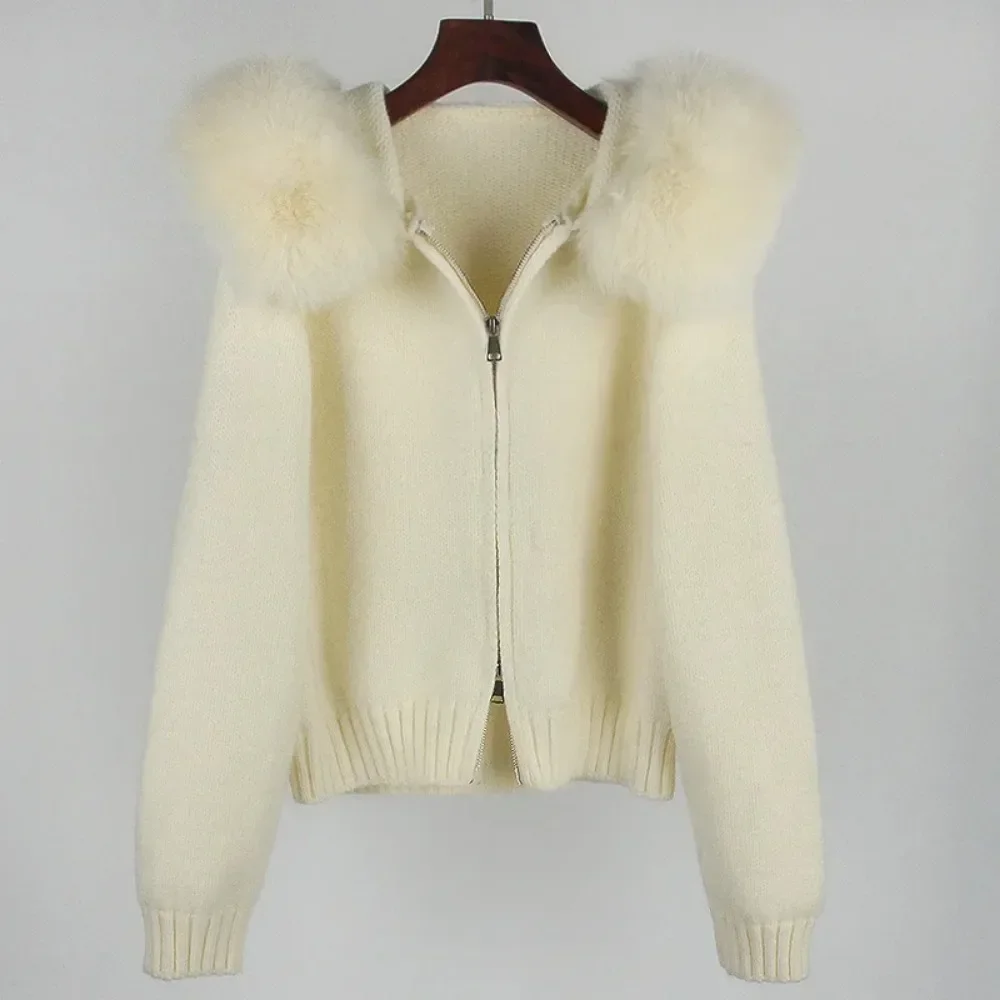 2024 Fashion Autumn Winter Casual Hooded Real Fox Fur Collar Fashion Short Knitted Jacket with Natural Fur Coat for Women - view 4