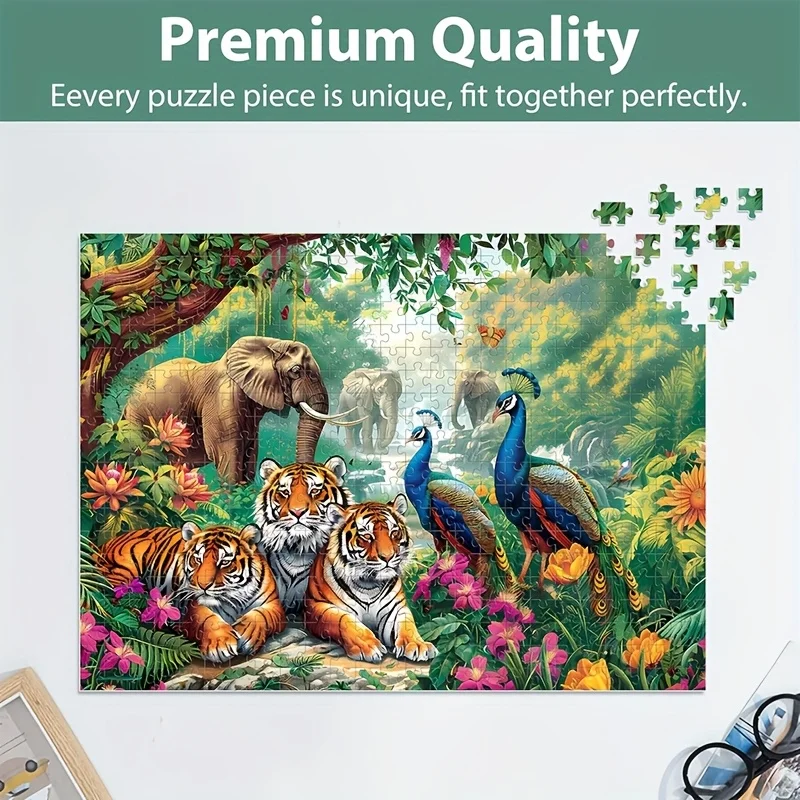 Puzzle elefante tigre giungla da 1000 pezzi - Grande puzzle giocattolo con tigri, elefanti, pavoni - Attività educativa per la fauna selvatica per A