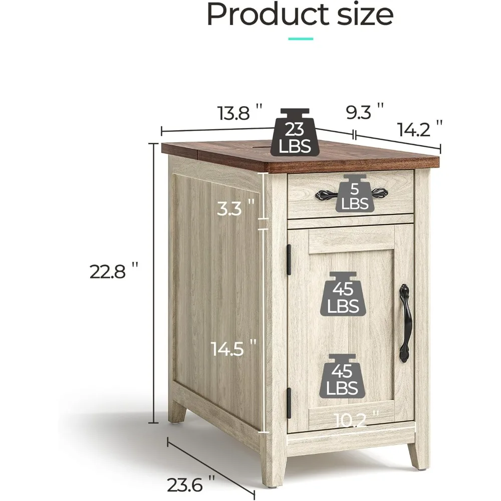 طاولة نهاية على شكل مزرعة لمحطة الشحن، طاولة جانبية رفيعة لمساحات المعيشة، درج وطاولة جانبية للأريكة للتخزين