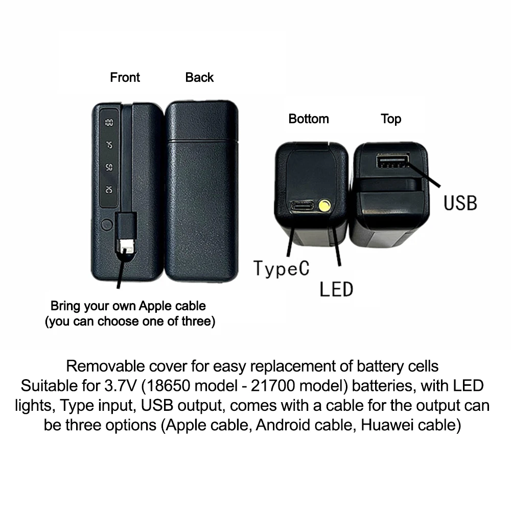 1*18650/18700/20700/21700 Battery Charger Type-C USB Ports Power Bank Case DIY Shell Kit Cell Phones Powerbank Box with Cable