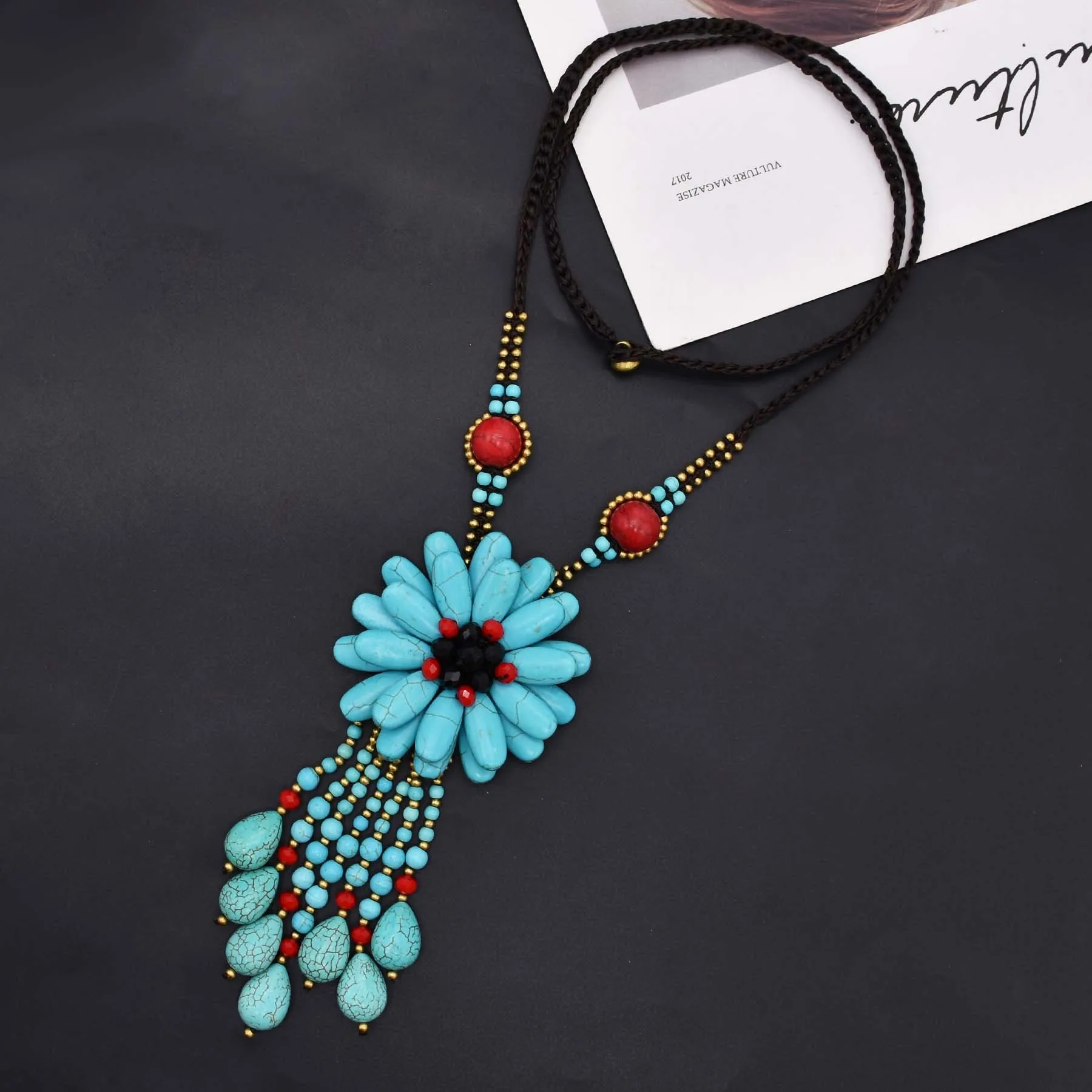 Bohojewelry Store Unique Design Tibetan Ethnic Style Turquoise Pendant Water Drop Stone Tassel Women\'s Necklace