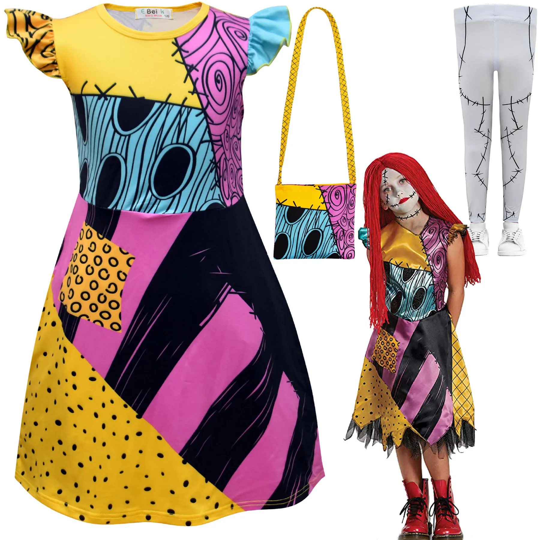 

2025 Halloween Clothing Christmas Eve Sally Girls Cosplay For Kids Sleeveless Dress + Pants + Bag Three-Piece Set Accessories