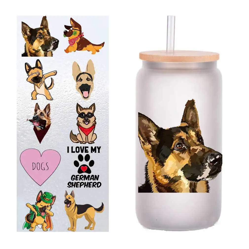 

10 pieces/pack cartoon fierce German shepherd UV transfer sticker Crystal label glass sticker customized four inches