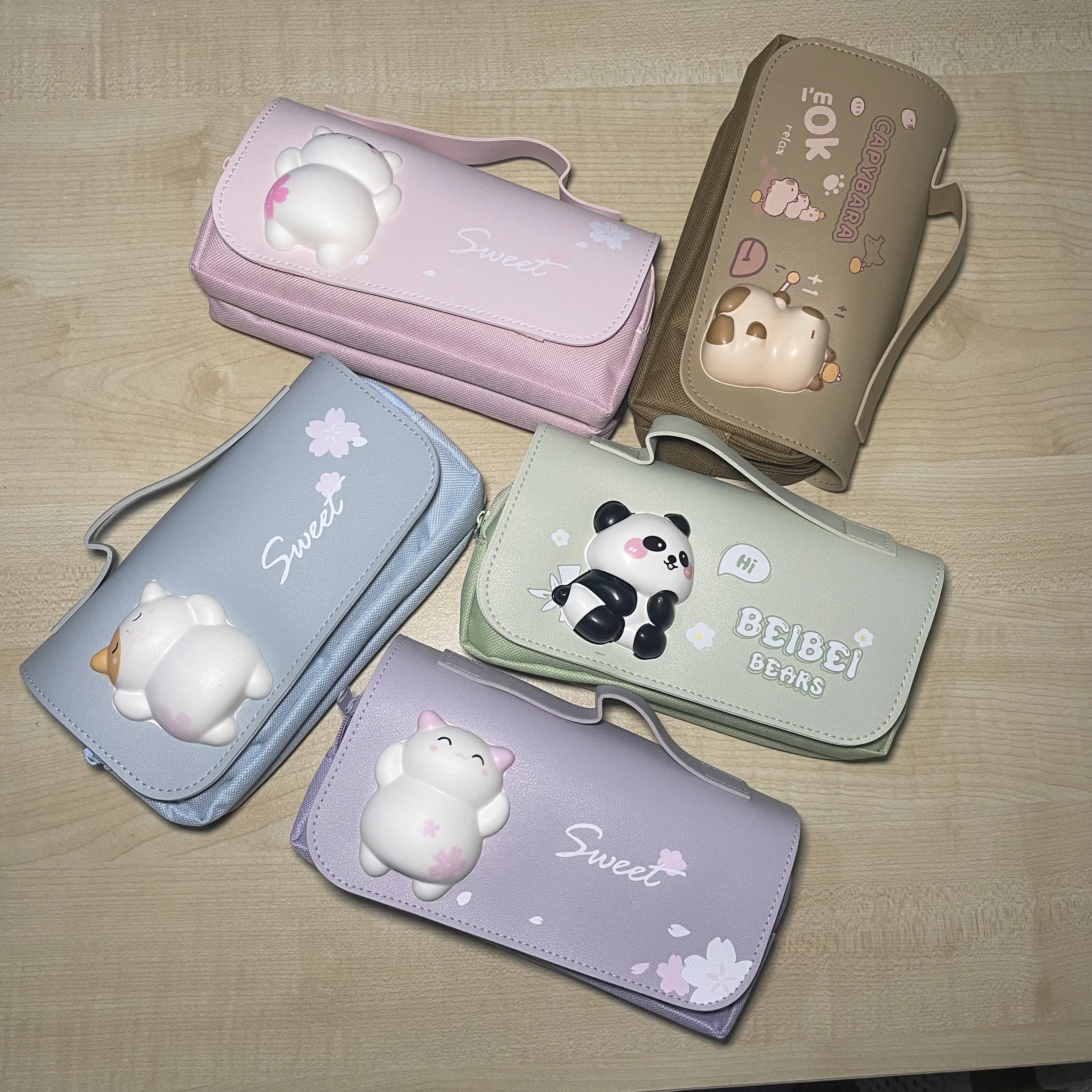 

Panda Capybara Pencil Bag Cat Pink Green Khaki Lavender 3D PU Leather Pen Case Holder Pouch Gift Organizer Stationery School Sup