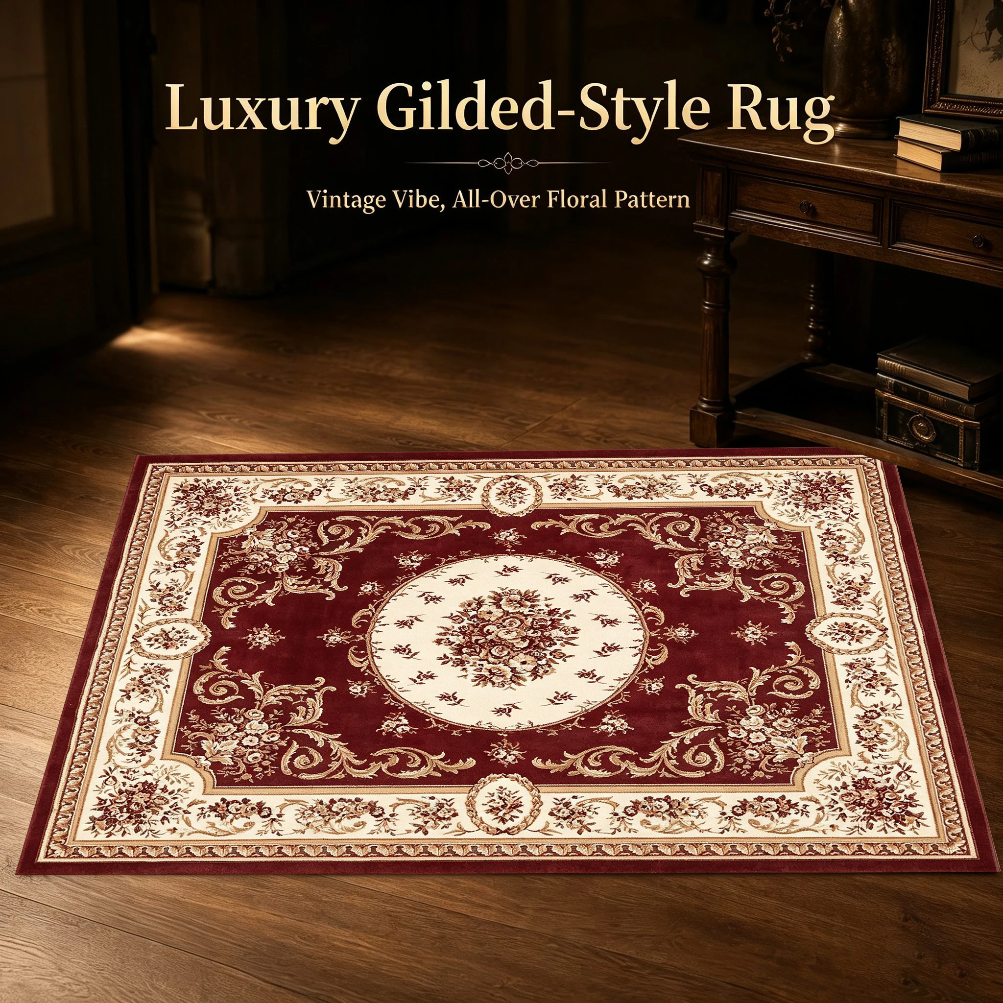 Wine Red Base Vintage Persian Velvet Area Rug, Classic Central Medallion Pattern, for Living Room Bedroom, Autumn Winter Home Decoration