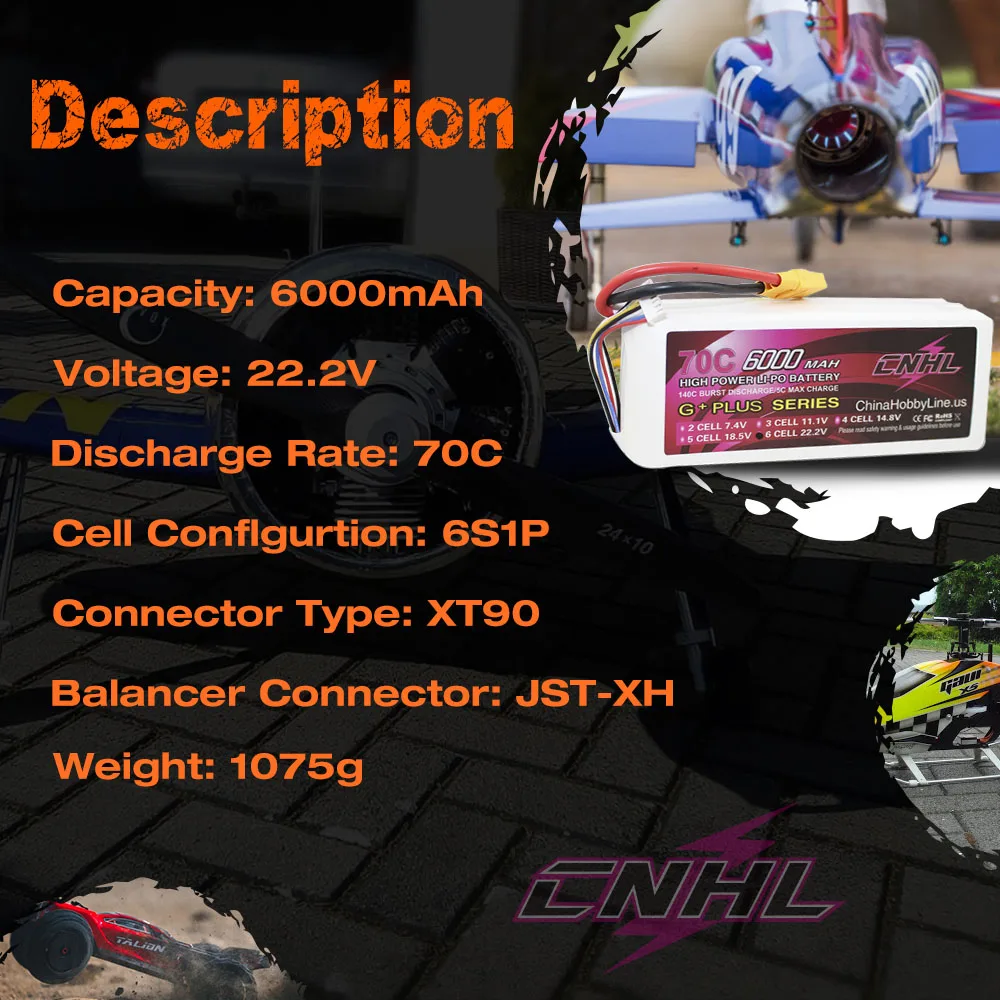 CNHL 6S 22.2V Lipo Battery 6000mAh 70C G+PLUS with XT90 Plug For Airplane Helicopter Car Boat Vehicle Truggy Tank Speedrun