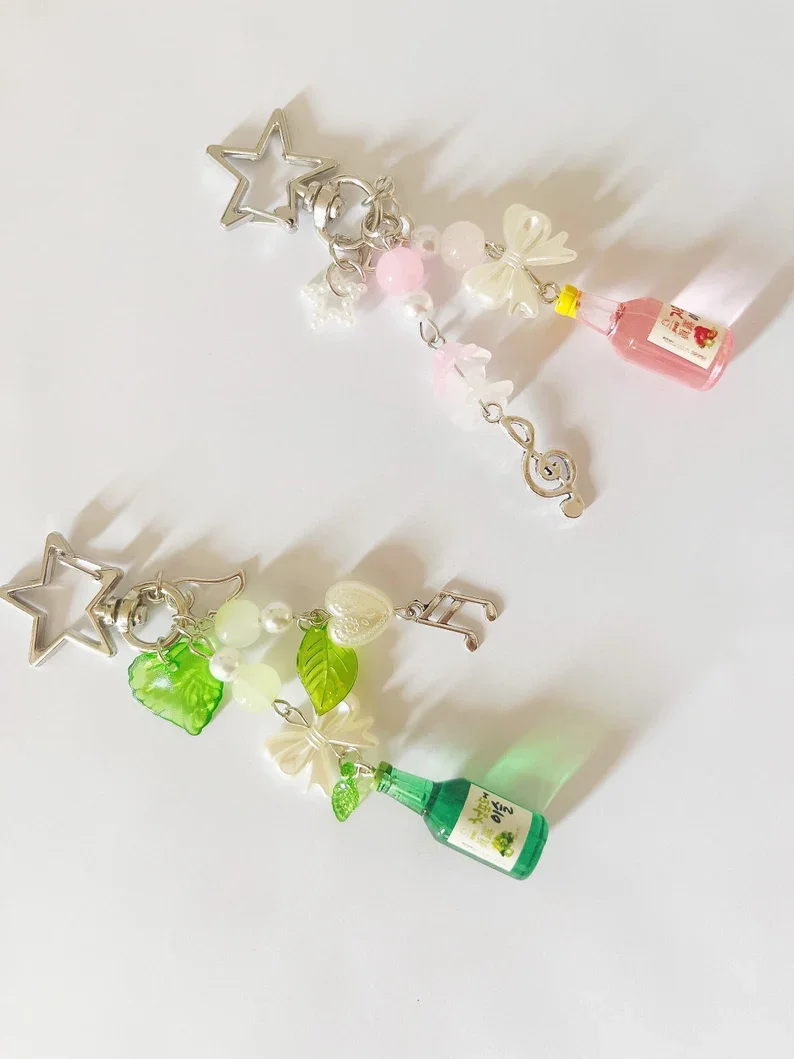 Asian Korean Soju Y2K Coquette Cottage Core Mini Keychains and Phone Charms, Green and Pink Soju Keychain