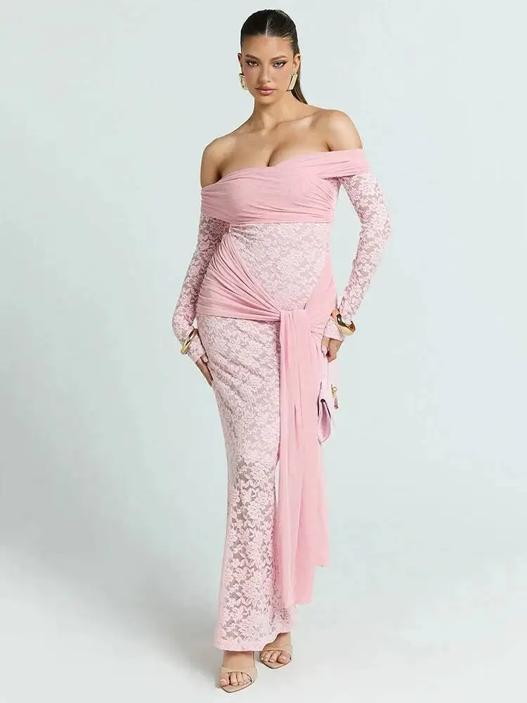 JULISSA MO Sexy Off Schulter Sheer Spitze Bandage Frauen Maxi Kleid Langarm Blumen Kleid Herbst Neue Elegante Party Abendkleid