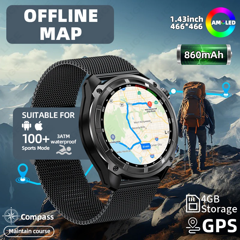 

Смарт-часы LIGE с GPS, 4 ГБ памяти, офлайн-картами, видеоплеером, военный спортивный смарт-браслет для мужчин, водонепроницаемость до 50 м, аккумулятор 860 мАч, новинка