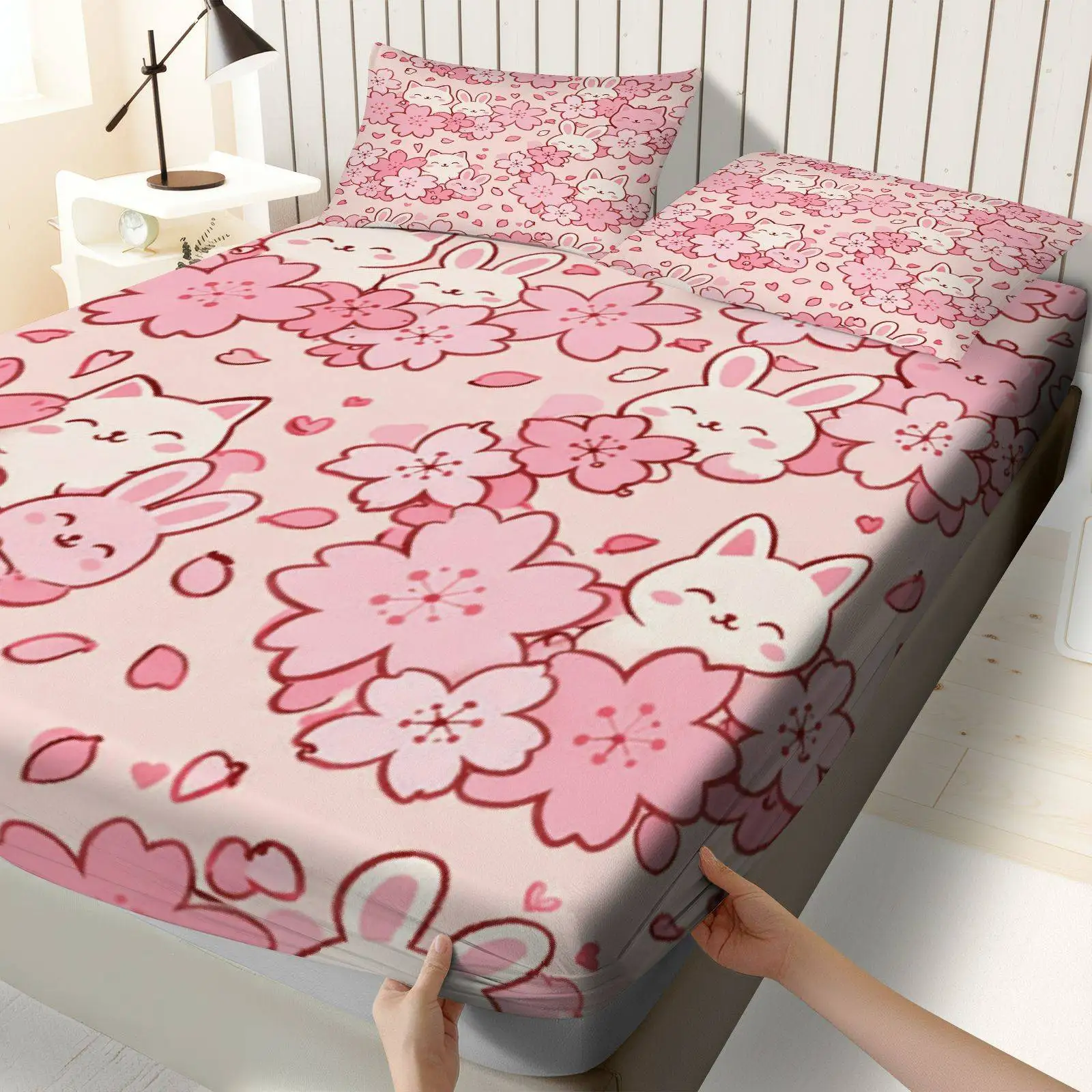 Sakura Rabbit Cat Bedding Set, Breathable Polyester Material (includes 1 fitted sheet + 2 pillowcases), Mattress Protector, Elastic-Fitted Style, Protective Cover, Mattress Cover, Christmas-Themed Bedding, Baby Bedding, Suitable for Nursery Room