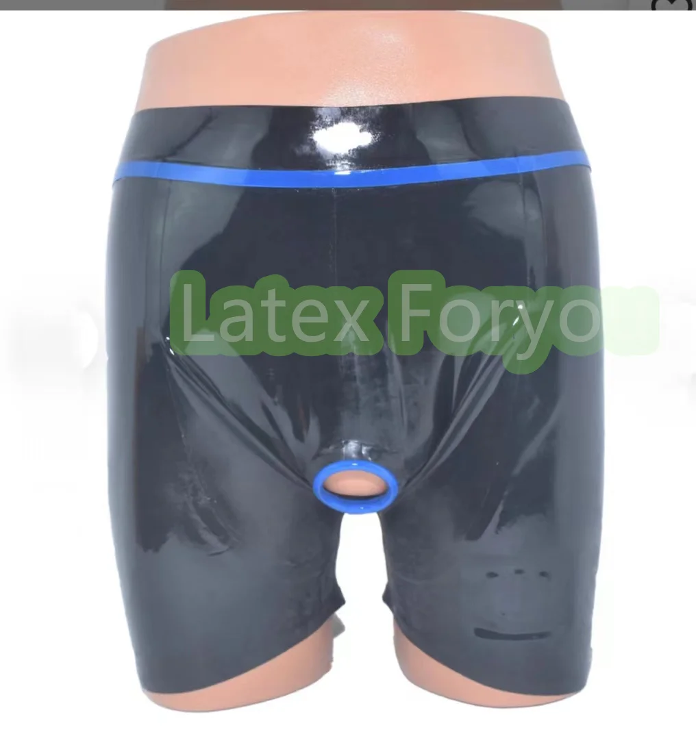 

Sexy Men Knickers Underwear 100% Latex with Blue Trim Ring Hole NO Zip Brief Rubber Panties Underpants Fetish Male Panties Short