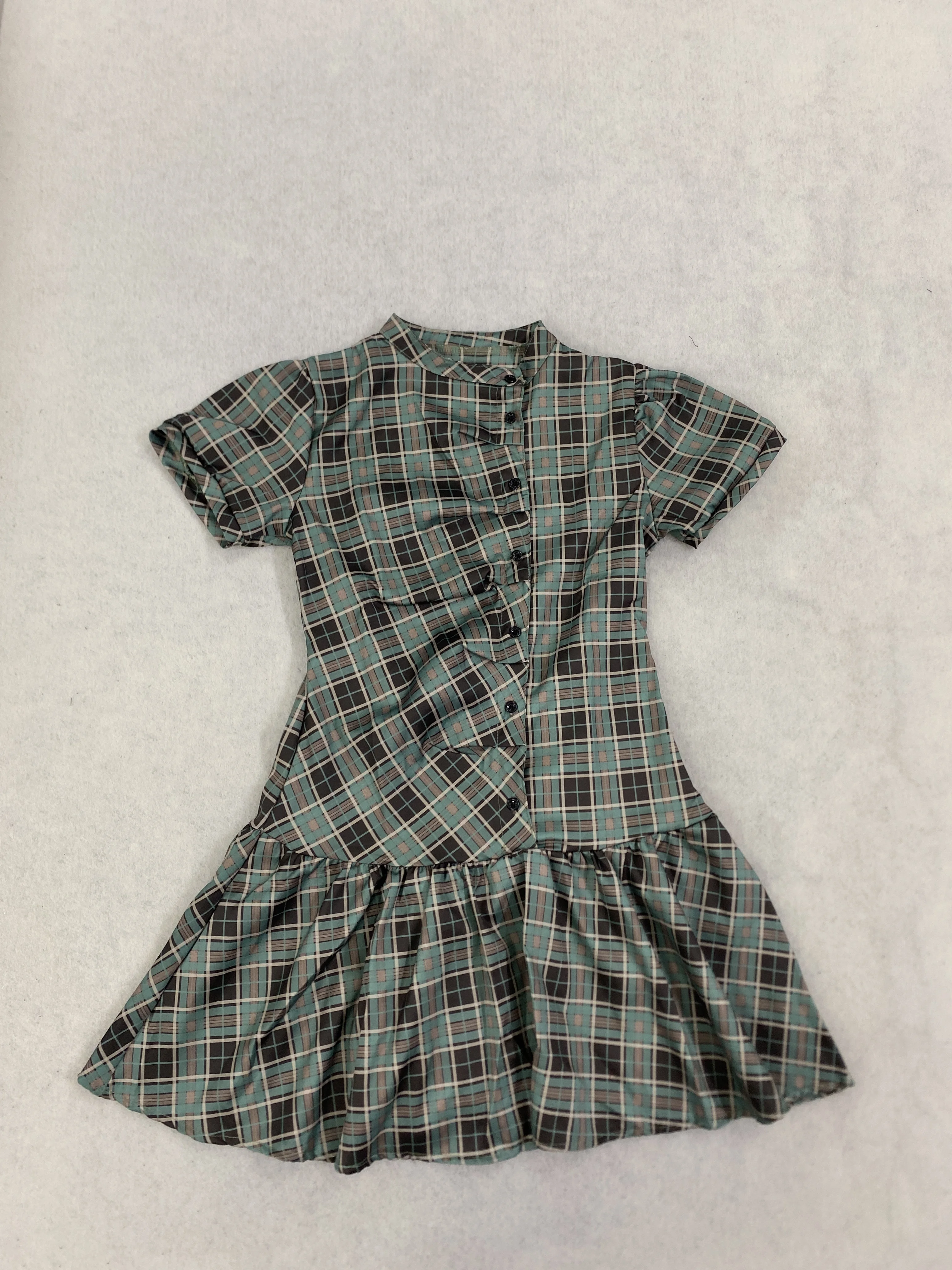 Damen Vintage Kariertes A-Linien-Minikleid Kurzarm Stehkragen Knopfleiste Plissiert Lässig Elegant Modisch – Detail 12