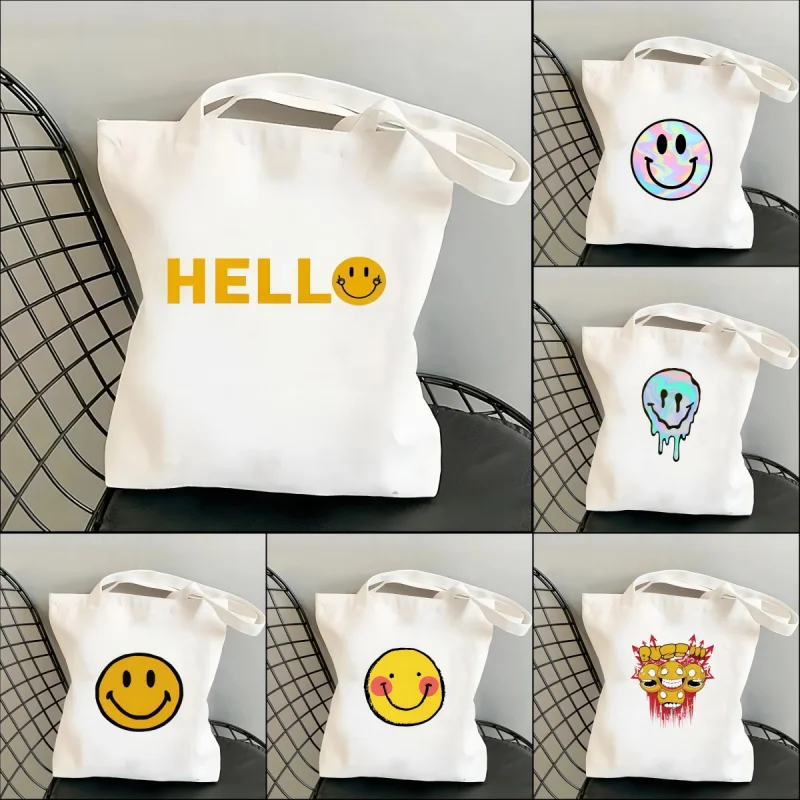 Funny Harajuku Smile Shoulder Bags Kawaii Fashion Tote Handbag Girl Canvas Environmental Large Capacity Portable Shopping Bag