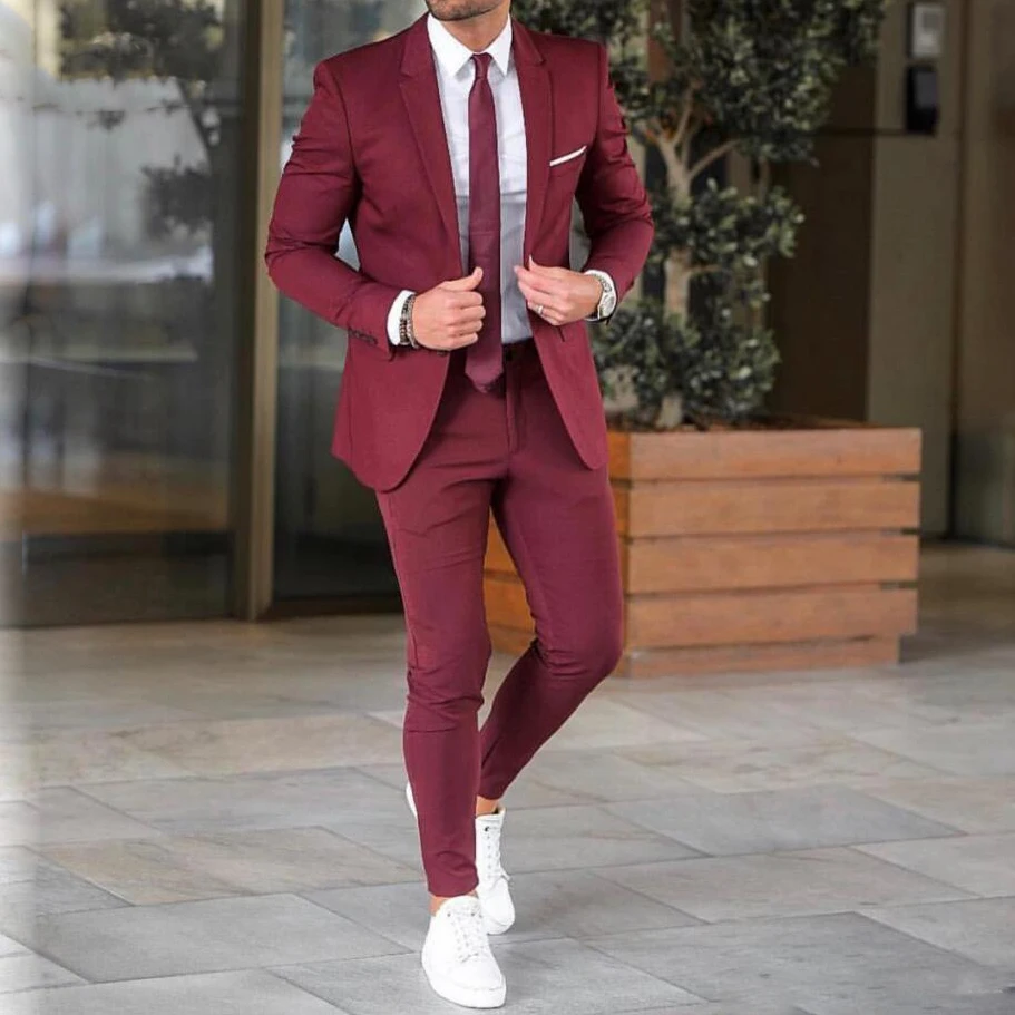 

2 Pieces Burgundy Mens Groom Tuxedos Wedding Suits for Men British Style Custom Made Costume Hommes Blazer (Jacket+Pants）